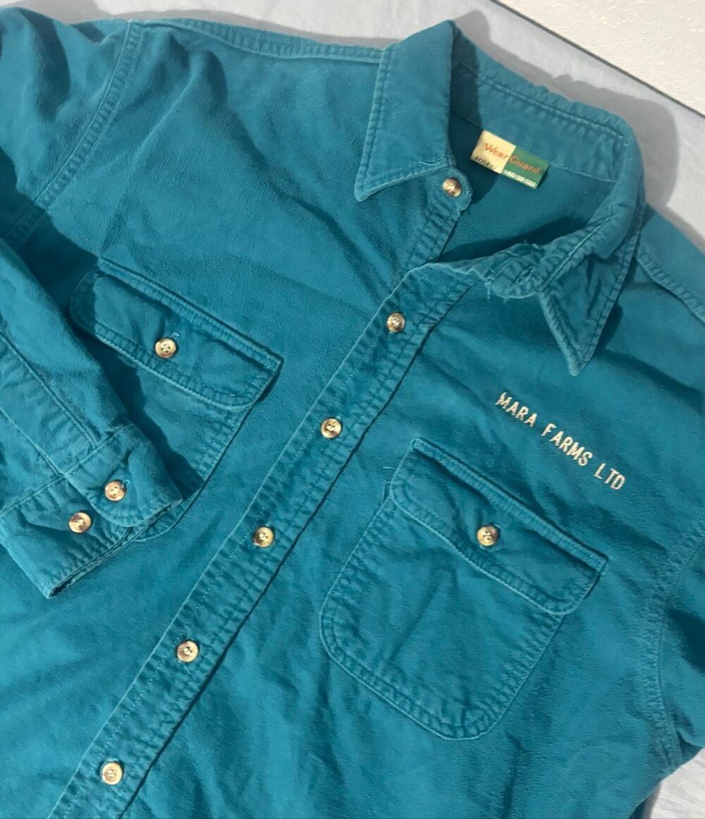 Vintage Turquoise Flannel Work Shirt Mens Long Sleeve Button Up XL Wear Guard
